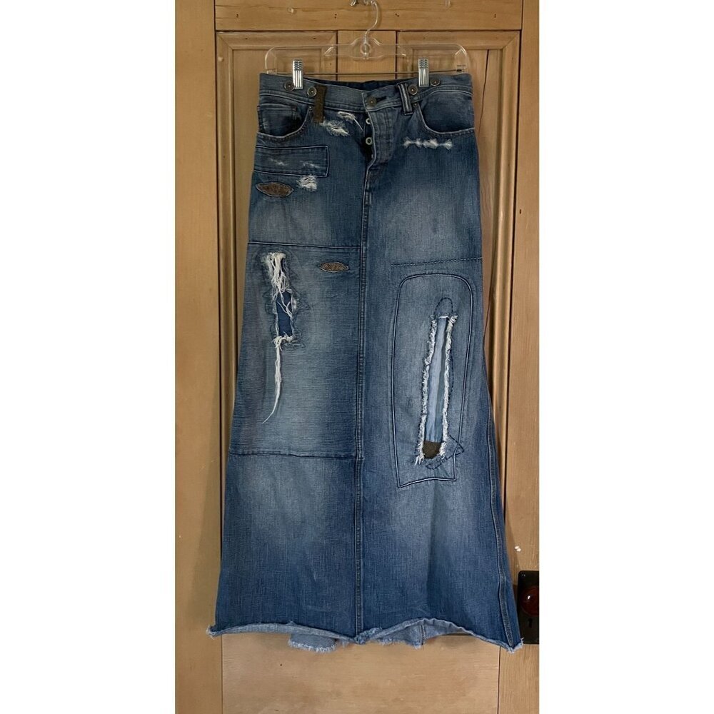 Ralph Lauren Rugby Womens Skull & Crossbones Patchwork Skirt Size 26 Blue AN EXC - Picture 1 of 12